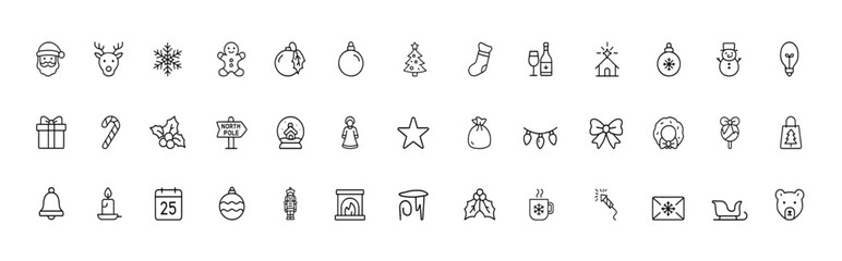 Christmas vector icon set with thin linear pictograms of Santa Claus, reindeer, snowflakes, gingerbread man, Christmas tree and festive holiday decorations, outline symbols, seasonal winter