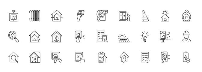 Smart HVAC thermostat and home energy audit icon set, thin linear vector pictograms for radiator, heat loss inspection, blower test, efficiency report, window upgrade, thermal analysis, eco system, © aura studio