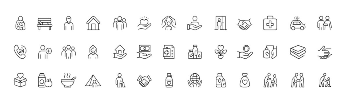 Homelessness and Social Aid Line Icon Set, thin linear vector pictograms showing homeless children, shelters, donation, community kitchen, urgent support services, charity assistance