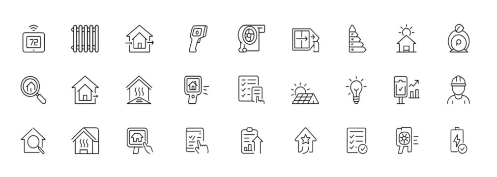 Smart HVAC thermostat and home energy audit icon set, thin linear vector pictograms for radiator, heat loss inspection, blower test, efficiency report, window upgrade, thermal analysis, eco system,