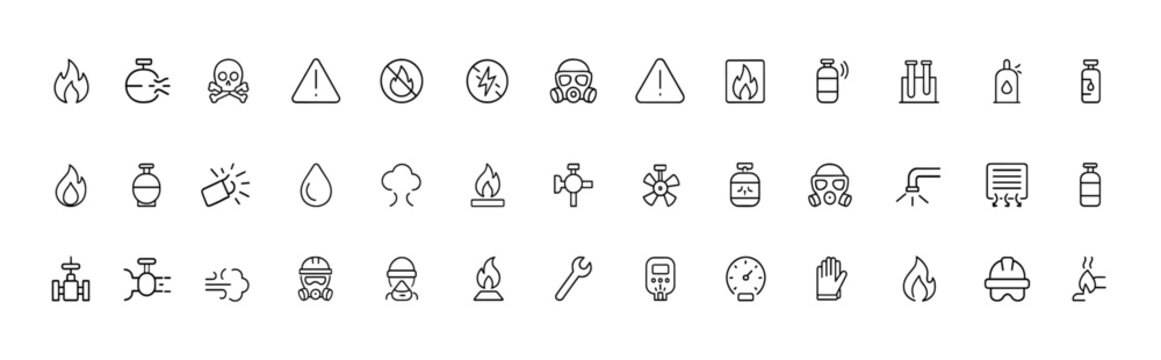 Gas safety glyph icon set, black vector pictograms for industrial hazards, flammable and toxic gas risks, explosive warning signs, no flame zones, protective mask symbols, emergency and workplace
