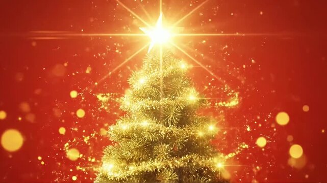 This vibrant animated background features a shimmering golden tree, adorned with bright, twinkling lights and topped with a radiant star. Golden bokeh effects and sparkling particles gently drift acro