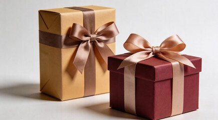 Obraz premium Gift box isolated on a clean background with realistic wrapping paper texture, elegant ribbon and bow. Soft studio lighting, subtle shadows and minimal composition in professional product photography 