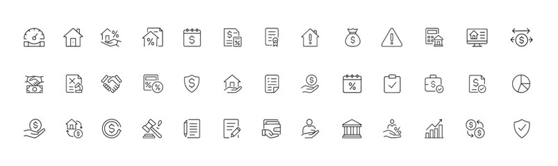 Loan and Financing Vector Line Icon Set, clean illustrations for credit score tracking, mortgage deals, interest rates, repayment plans, approvals, penalties, rejections, financial management