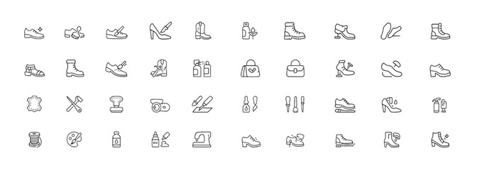 Shoe Repair & Leather Service Icon Set, Footwear Care and Restoration Process, Bag Fixing, Buckle Adjustment, Stitching Tools, Handcrafted Leathercraft Workflow, Vector Illustration