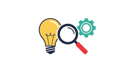 concept of innovation and problem solving with light bulb, magnifying glass and gear icons