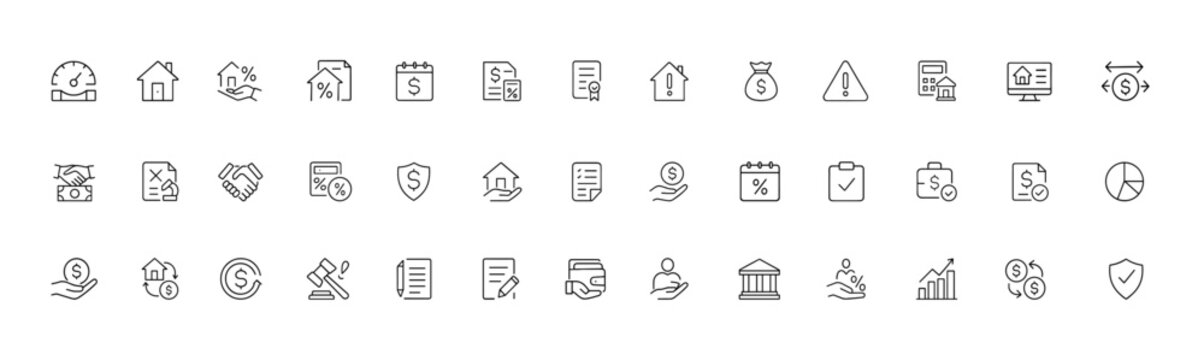 Loan and Financing Vector Line Icon Set, clean illustrations for credit score tracking, mortgage deals, interest rates, repayment plans, approvals, penalties, rejections, financial management