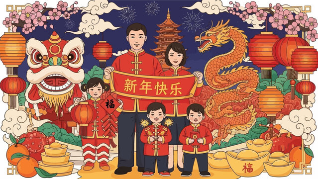 Colorful Chinese New Year celebration with traditional decorations and family