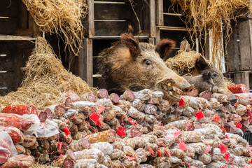 Pork sausage stand at the village market - France
