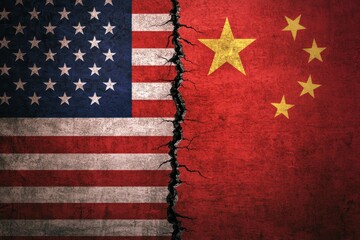 Flags of the United States and China split by a crack showing tension between two nations
