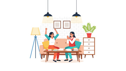 Two women enthusiastically celebrating a shared success in a cozy living room, surrounded by books and plants.