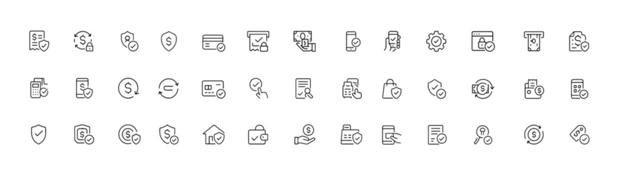Secure financial transaction icon set, billing and invoice glyphs, currency exchange, split payment, terminal and deposit symbols, black silhouette vector illustration, banking, online payment