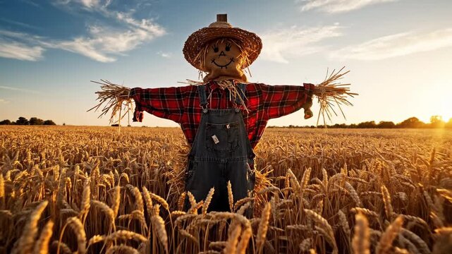 Traditional scarecrow with straw hat and plaid shirt standing in golden wheat field at sunset protecting harvest from birds