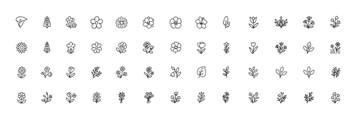 Naklejka premium Flower and botanical icon set, vector glyph silhouettes featuring magnolia, dahlia, calla lily, primrose and garden plants, elegant black floral pictograms for nature decoration, spring summer flora
