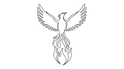 Elegant Line Drawing of a Stylized Phoenix Bird with Outstretched Wings and Flaming Tail for