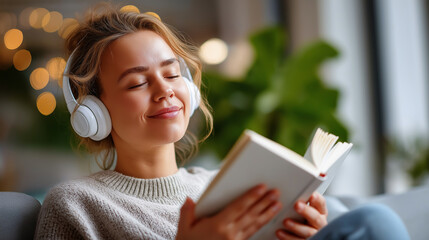 Young faceless woman wearing wireless headphones sits in cozy living room and takes notes in notebook, enjoying reading or studying, concept of education relaxation comfort, with c