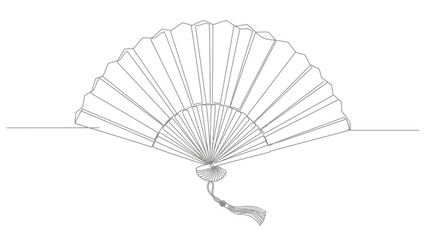 Elegant Line Drawing of a Traditional Hand Fan with Decorative Tassel