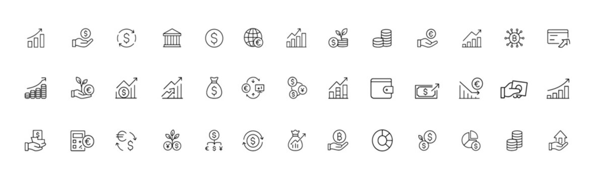Currency exchange and financial growth icon set, vector glyph pictograms for banking, investment, stock market, global economy, dollar euro yen cryptocurrency, black silhouette icons
