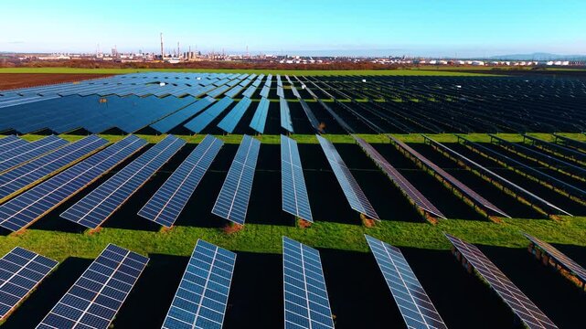 Rising over the green fields covered with rows of photovoltaic cells. Oil refinery plant at backdrop.