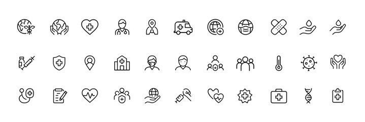 Medical Care Icons for Global Healthcare, thin line vector pictograms showing worldwide health services, vaccination programs, emergency support, wellness, clinics, hospitals, public safety
