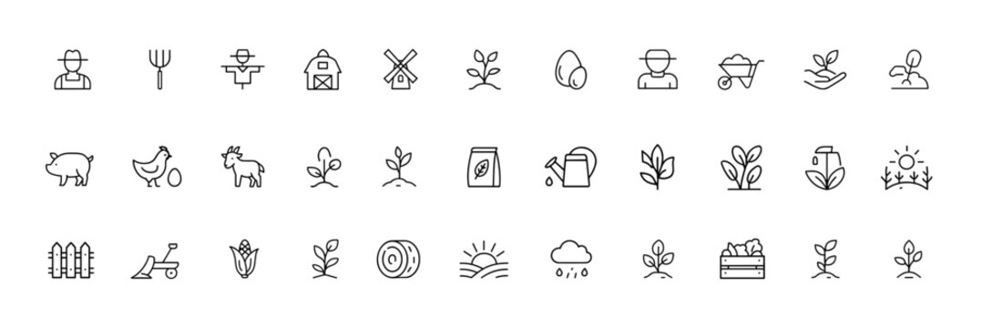 Farm agriculture icon set, thin linear vector pictograms of farmer and rural life, livestock animals, crops and tools, barn and field elements, outline illustration for farming, harvest, nature