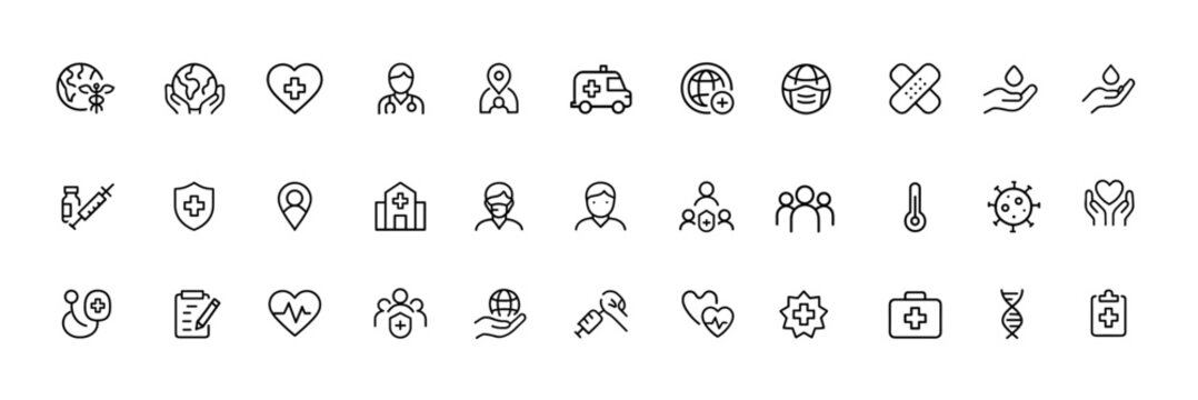 Medical Care Icons for Global Healthcare, thin line vector pictograms showing worldwide health services, vaccination programs, emergency support, wellness, clinics, hospitals, public safety