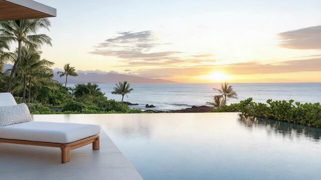 Tropical infinity pool sunset lounge ocean palm tree sunrise horizon luxury serene resort poolside