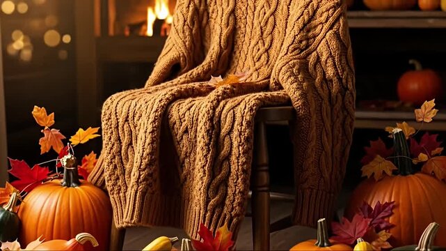A beautifully composed autumnal scene features a rustic wooden chair draped with a thick, cozy cable-knit sweater in warm earthy tones. Surrounding the chair is a bountiful arrangement of vibrant oran