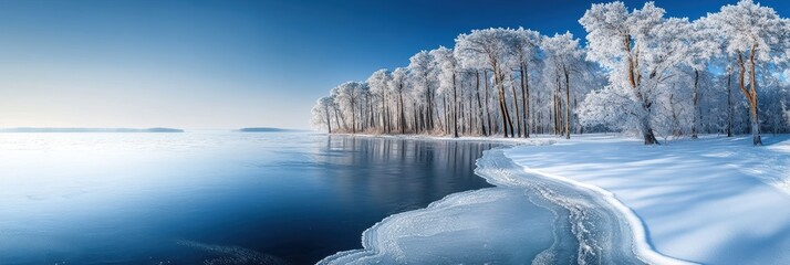 Frozen lake with snowcapped trees in bright sunlight, captured in 8K resolution
