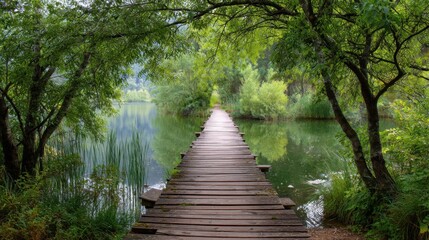 A wooden walkway leads over still water with lush green trees and plants on either side. The scene shows daytime light and reflects nature's beauty.