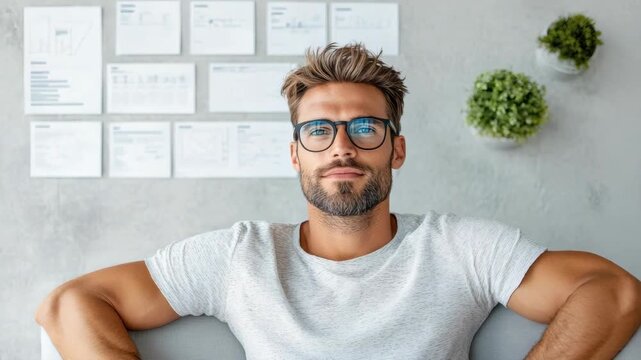 Young man with glasses beard casual shirt relaxed sofa modern office with charts and documents