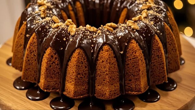 A beautifully crafted ring-shaped cake, generously coated with a luscious, dark chocolate glaze that artfully drips down its golden-brown sides. The decadent dessert is elegantly topped with scattered