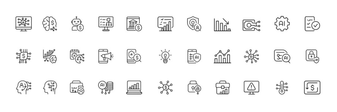Finance AI icon set with thin linear vector symbols for digital banking, fintech analytics, smart transactions, chatbot systems, mobile finance apps, fintech ai icons, digital banking vector