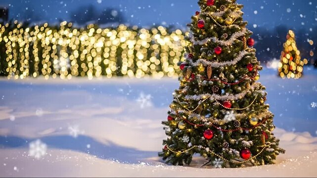 A beautifully decorated evergreen tree stands adorned with a vibrant array of festive ornaments, showcasing rich red, shimmering gold, and elegant silver hues, some detailed with sparkling glitter tex