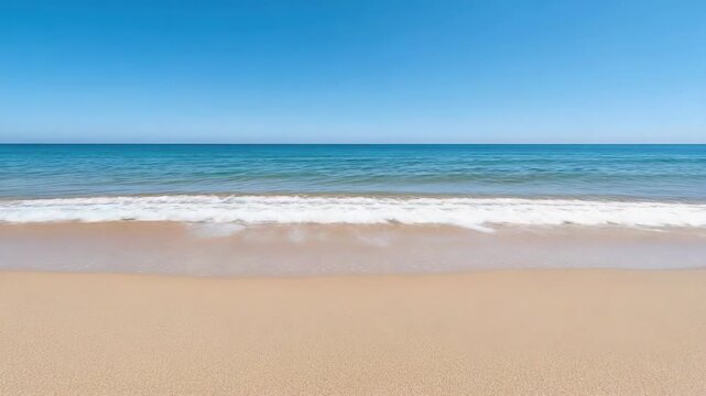 Calm sandy beach shoreline with gentle ocean wave under clear blue sky peaceful morning