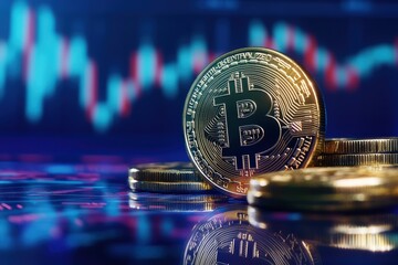 Graphic layout showing virtual bitcoin coins with abstract digital lines in background