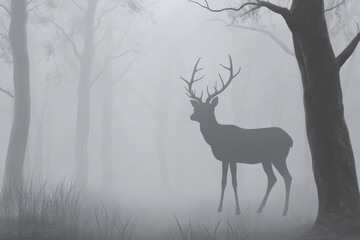 Misty deer stands in foggy forest with trees and tall grass during early morning light