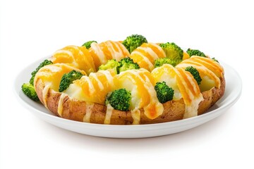 Baked jacket potato with broccoli and cheese on a white plate against a plain background