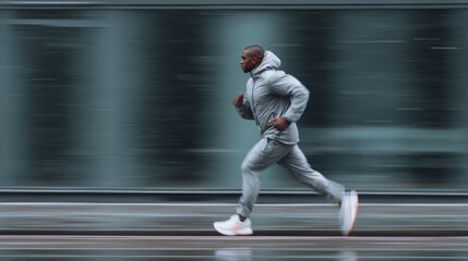 Athletic Man Running in Rainy Urban Environment with Motion Blur