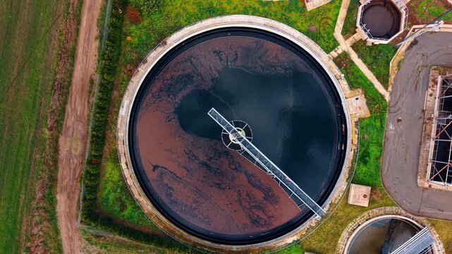 Recirculation round tank at modern water treatment plant. Sedimentation pond with sewage water. Aerial view.