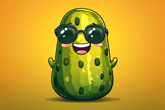 Cute cartoon pickle food character with sunglasses in a minimal design for advertising purposes
