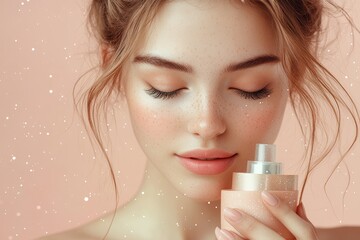 Fashion influencer holds beauty products in a minimalist setting with peach tones and soft lighting