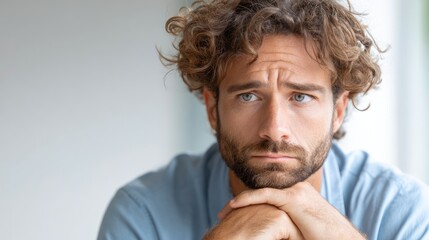 Obraz premium Thoughtful Young Man with Beard Looking at Camera in Natural Light