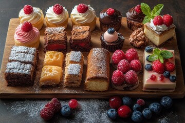 Diverse selection of desserts arranged on a wooden serving board for a sweet treat display