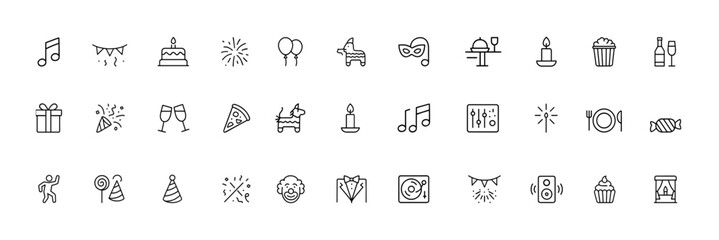 Party celebration line icon set, thin outline vector pictograms for birthday events, balloons, cake, music, fireworks, drinks, pinata, festive symbols, carnival decorations, illustration