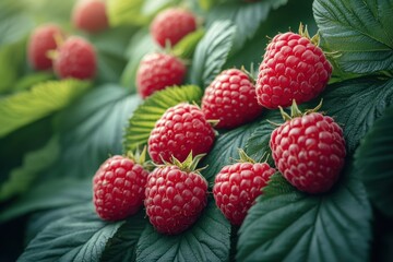 Fresh ripe red raspberries on green leaves in a simple layout in high detail