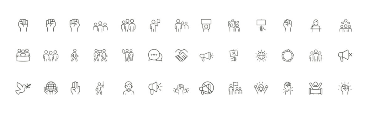 Protest and activism icon set, thin outline vector pictograms of clenched fist, megaphone, crowd march, placards, broken chains, peaceful demonstration, civil rights, social justice, freedom movement,