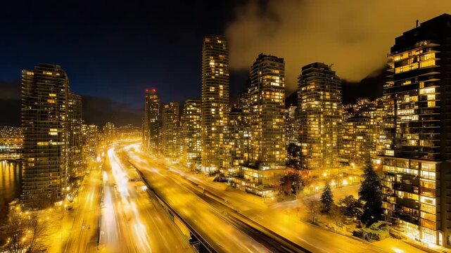 City skyline at dusk with illuminated highrise windows and blurred highway lights