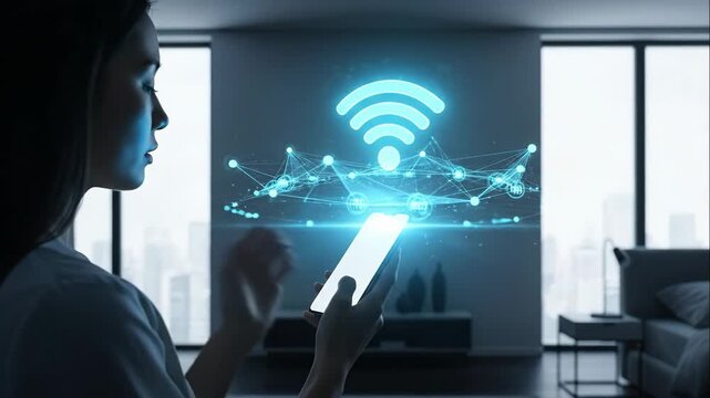 Asian woman interacts with smartphone displaying wireless connection graphics, showcasing digital technology evolution, camera pans and zooms in for detail