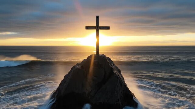 Wooden Cross Silhouette Standing on Ocean Rock During Golden Sunset with Crashing Waves